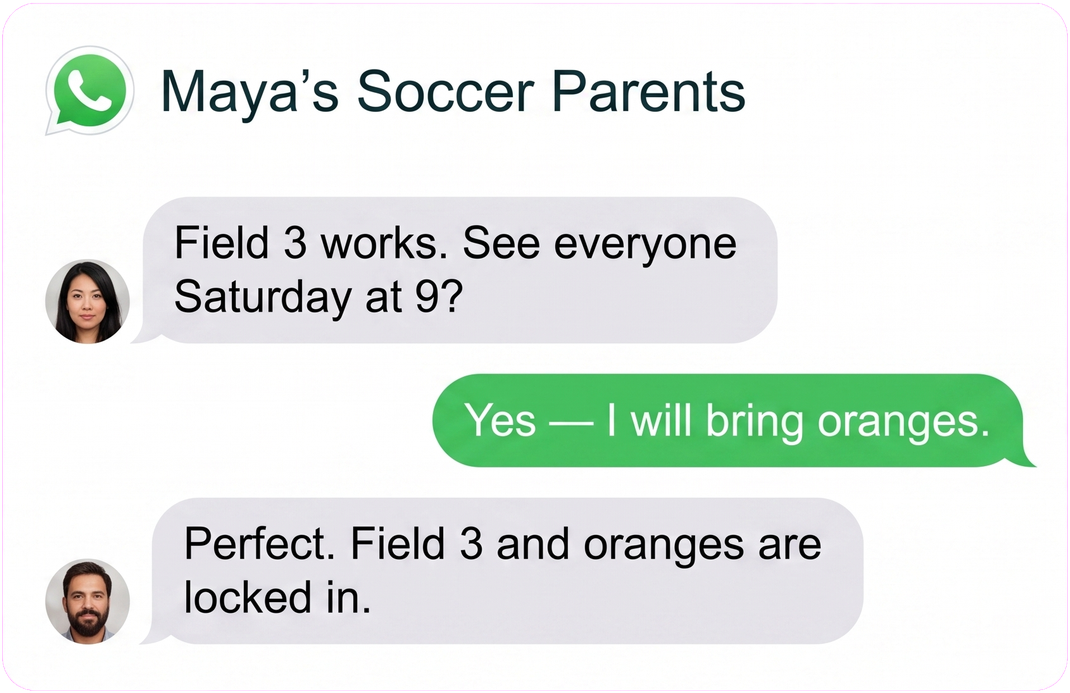 Example group chat: Saturday’s soccer plans and requests are spread across a WhatsApp conversation.
